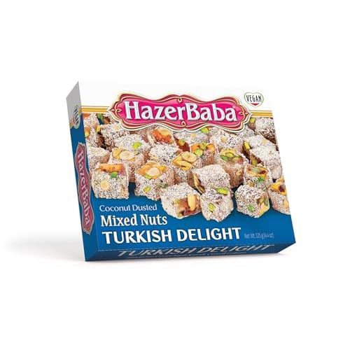 Hazer Baba Turkish Delight Candy, Mixed Nuts & Coconut-Dusted, 4.4oz Pack of 1, Gourmet Snack Box, Traditional, Vegan Snack, Turkish Lokum, Sweets, Loukumi, Delicias Turcas, Halal, Kosher
