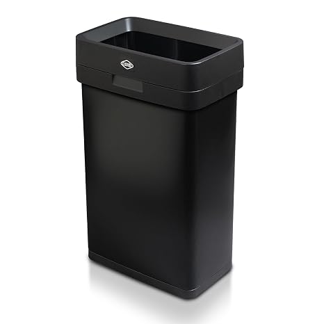 Clorox Slim Open Top Stainless Steel Trash Can, Matte Black, 13 Gal / 50L | Narrrow Rectangular Garbage Bin with Hinged Rim Protection for Commercial Spaces, Kitchen, and Office Use