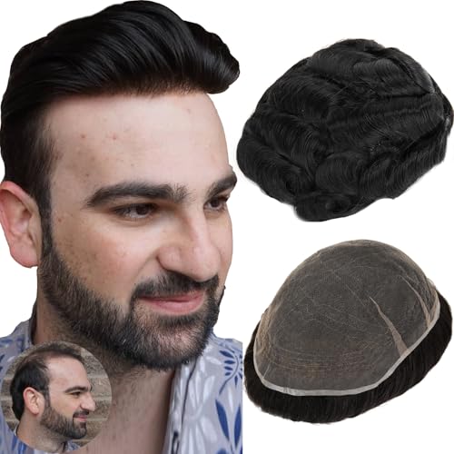 BEEOS Skinlike Real HD Lace Toupee for Men, 8x10 Inch Full Lace Mens Hair Piece Bleached Small Single Knot, 100% Human Hair Mens Toupee #1 Jet Black