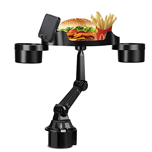 CLYMENE Car Cup Holder Tray, Adjustable Car Tray Table for Eating [6.3 SurfaceSwivel ArmPhone Slot] Car Food Tray for Most Cup Holders, Road Trip Car Accessory