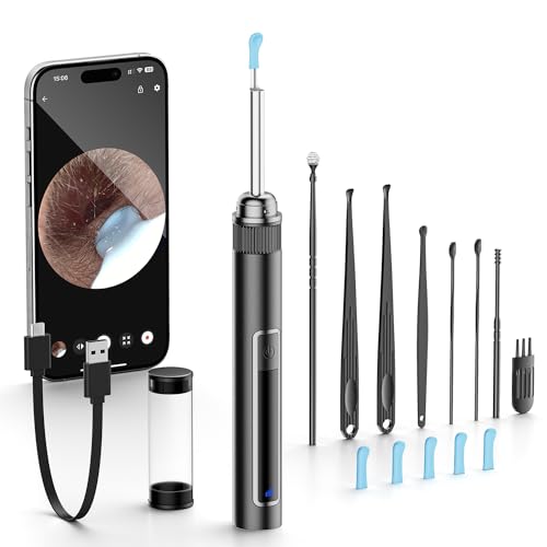 Ear Wax Removal,Ear Wax Removal Tool with 1296P HD Camera and 6 LED Lights, Ear Cleaner with 6 Ear Pick, Upgrade Ear Wax Removal Tool for iOS and Android, Black