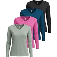 Real Essentials 4 Pack: Women's Long Sleeve Dry Fit V-Neck T-Shirt - Active Athletic Workout Gym Top (Plus Available)