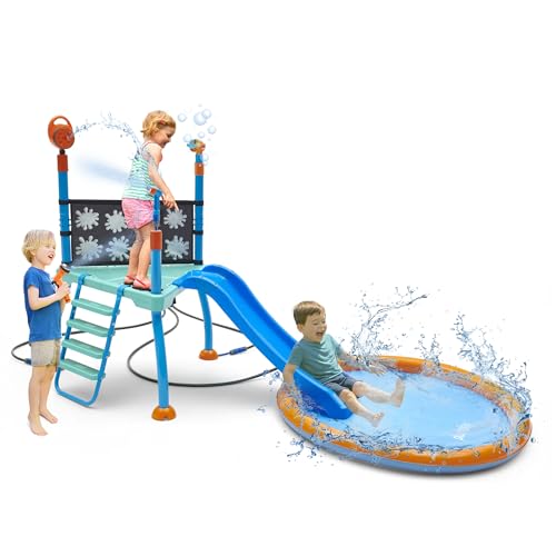 Plum Play Kids Splash Pad Station Water Slide Play Equipment - Outdoor Toddler Water Toys, Sprinkler Pool for Kids, Fun Backyard Water Park with Bubble Blower, Water Reveal Coloring Wall Ages 3 Years