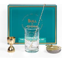 4 Piece Cocktail Kit by Bull In China - Premium Bartender Gift Set Includes Flagship Mixing Glass, 12 inch Barspoon, Bell Jigger & Hawthorne Strainer For Professional & Home Bars (Gold)