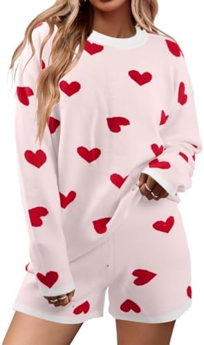 MYHALF Valentine's Day Sweater Sets Heart Sweater for Women Long Sleeve Knit Sweater and Shorts 2 Piece Outfits