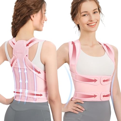 Posture Corrector for Women and Men, Adjustable Back Brace with Full Back Support, Shoulder Straightener for Spine Alignment, Kyphosis, Hunchback, Scoliosis, Lumbar, Spine, Pink Small