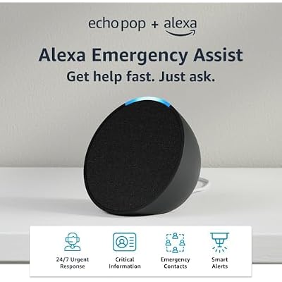 Echo Pop (newest model), Charcoal, bundle with Alexa Emergency Assist (monthly auto-renewal subscription)