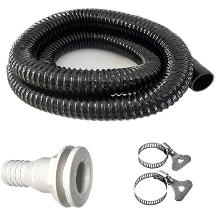 Premium 34 Inch Dia Bilge Pump Hose Kit, 6.5 ft Kinkfree Flexible PVC Hose, Package Includes Thru Hull Fitting and 2 Stainless Steel Clamps Black