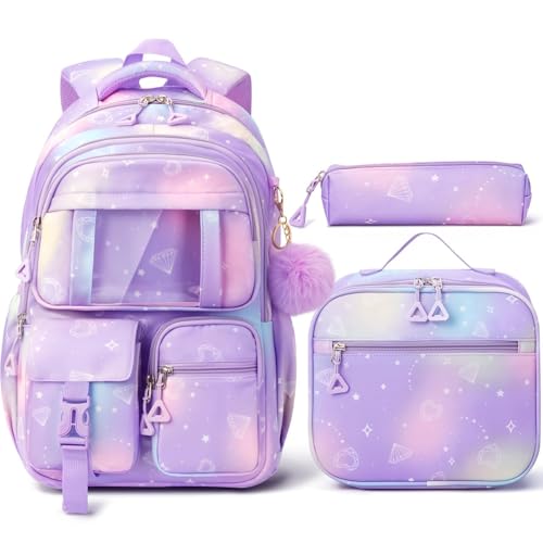 Fimibuke Kids Backpack for School Girls, 3Pcs Waterproof Girls Backpack with Lunch Box & Pencil Pouch - Lightweight Bookbag for Elementary Middle School Student Teens Ages 6 Purple
