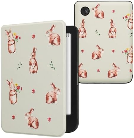 kwmobile Case Compatible with Kobo Clara BWColour Case - eReader Cover - Rabbits and Flowers WhiteBrownGray Green