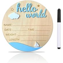 Baby Announcement Sign, 5.9 Inch Wooden Hello World Newborn Signs, Birth Announcement Sign and Pen, Clouds and Sailboats Decoration, Welcome Newborn Arrival to World, Hospital Nursery for Baby (Blue)