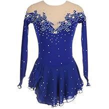 Ice Figure Skating Dress for Girls Long Sleeve Rhinestones Roller Skating Dance Costume Women Competition Dance Outfit(Blue,M/Medium)