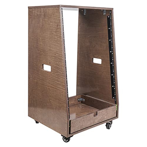 Sound Town 16U DIY Solid Baltic Birch Plywood Slanted Studio Rack with 16U Rack Space, Extra 2U Drawer, Rubber Feet, Casters, Weathered Brown SDRK-16TBD2