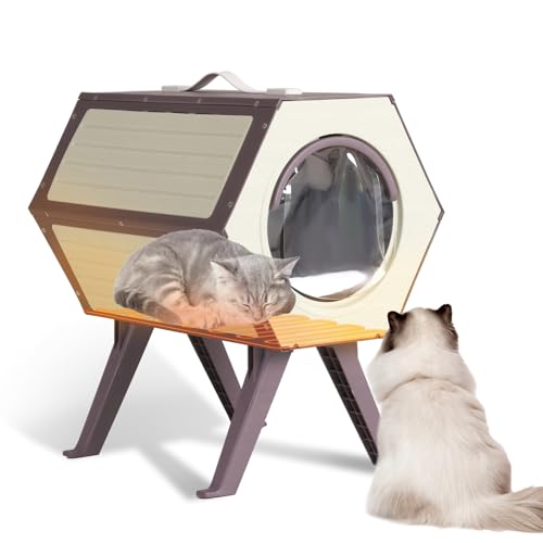 Heated Cat House for Outdoor Winter,Combined Cat Condo with Adjustable Temperature and Time, Insulated Outdoor or Indoor Cat Shelter for Feral with Escape Door White and Brown, 1 Set