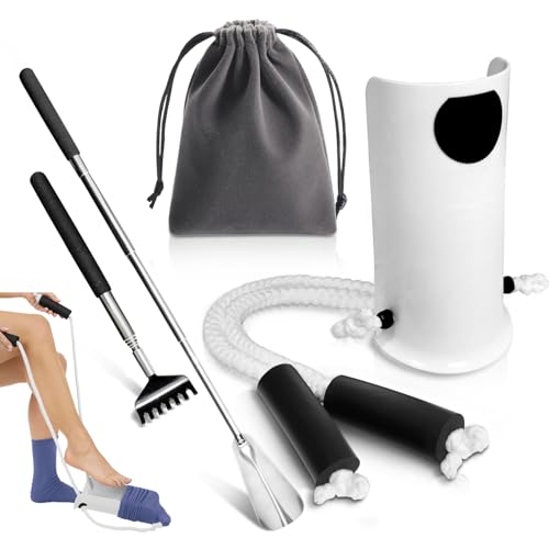 Sock Aid Device for Seniors and Shoe Horn Kit - Sock Helper Easy On and Off, Sock Assistant Device No Bending, Adjustable Extended Long Shoe Horn Back Scratcher for Senior
