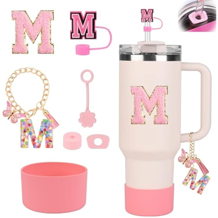 Stanley Cup Accessories Set for Stanley Cup 30oz 40oz, Stanley Tumbler Accessories Including Silicone Straw Cover Cap and Boot, Spill Proof Stopper, Cute Letter Keychain Handle Charm, Sticker M