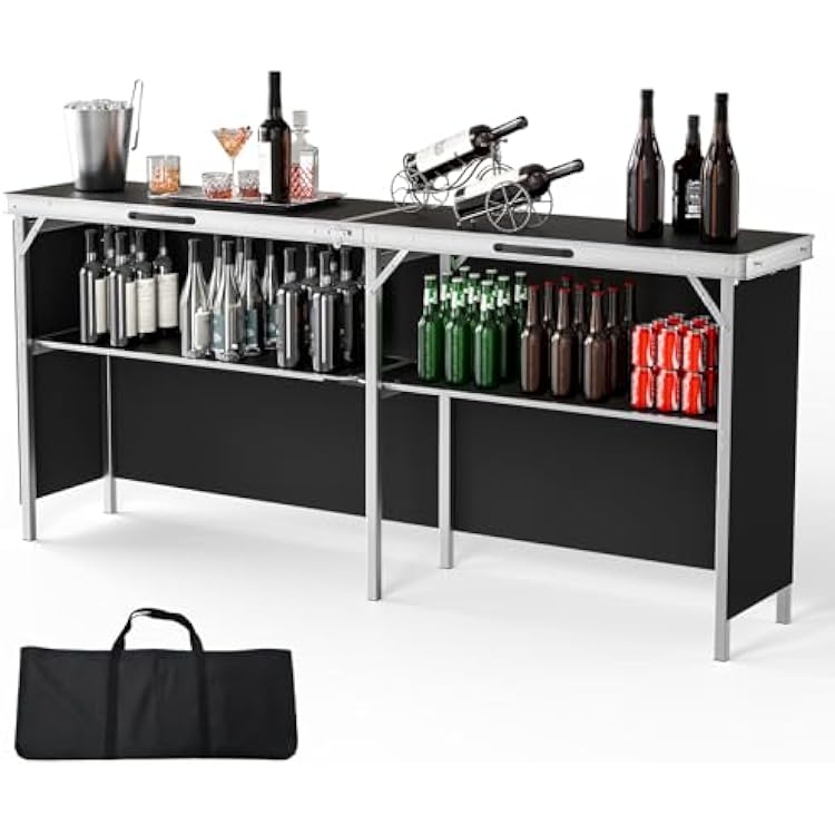 VINGLI 78 Portable Bar Table, 2-Tier Shelves, Mobile Bar Table for Events, Party, Camping, Picnic, Tradeshow, Indoor with Black Skirt 1, 78