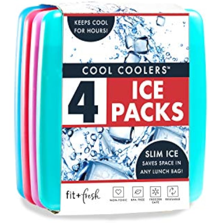 Cool Coolers by Fit & Fresh 4 Pack Slim Ice Packs, Quick Freeze Space Saving Reusable Ice Packs for Lunch Boxes or Coolers, Multi Colored