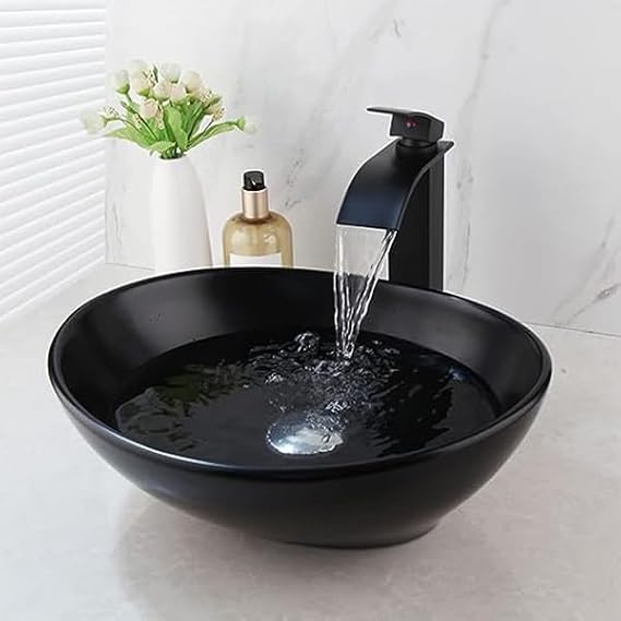 Modern Oval Bathroom Sink,16 Inch Black Ceramic Sink Bowl with Mixer Tap, Above Counter Bathroom Vessel Sink with Solid Brass Waterfall Faucet and Pop-up Drain Combo
