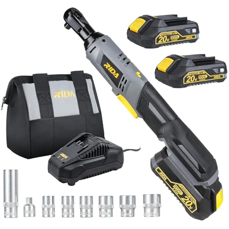 RIDA Cordless Electric Ratchet Wrench Set 60N.m 20V 38 Electric Ratchet Tool Kit w 2 x 2.0AH Battery, 7 Sockets, 14 adapter w 60-Min Charger Variable Speed Gifts