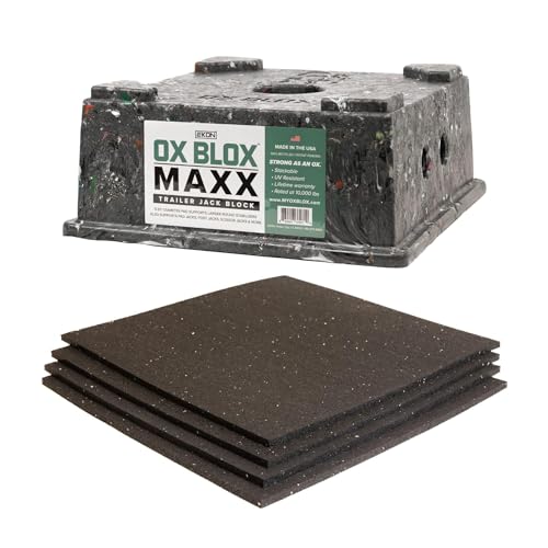 ekon OX BLOX MAXX Trailer Jack Block for 9 Round Feet and 4-Pack RV Jack Stabilizer Pads - RV Jack Blocks for Stabilizers and Tongue Jack - 12x12x14 Camper Leveling RV Jack Pads