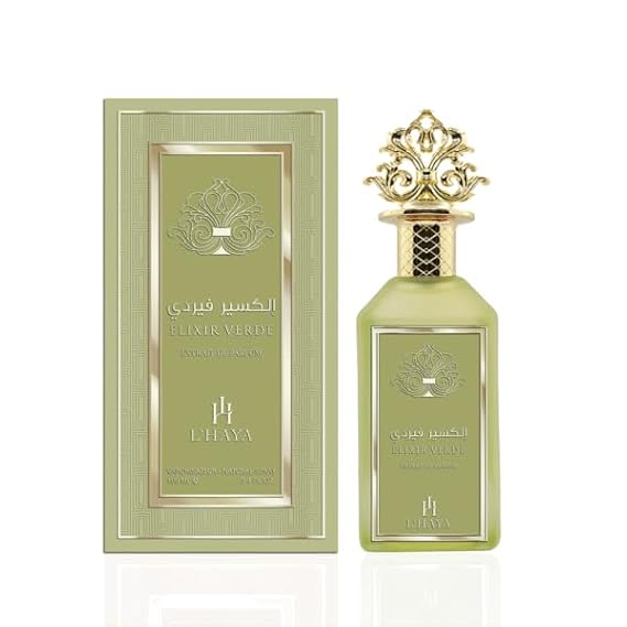 Elixir Verde Luxury Perfume, Extrait de Parfum, Green and Gold Glass Bottle with Ornate Crown Cap