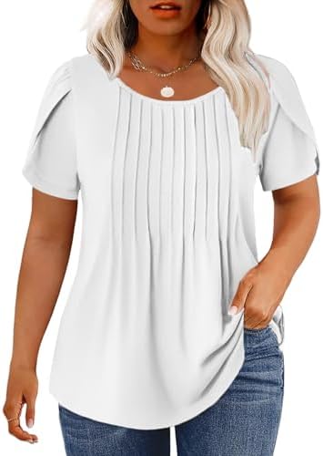 Womens-Plus-Size-Summer-Tops Trendy Petal Short Sleeve T Shirts Casual Crewneck Cute Flowy Pleated Blouses Tunics Tee