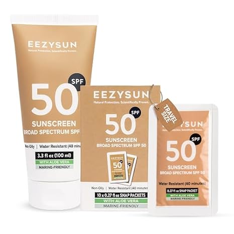 EEZYSUN Mineral SPF 50 Sunscreen Snap Packets + 3.3 fl oz | 10 Travel Snap Packets, Non-Greasy, Weightless, Sweat-Resistant, Vegan & Reef-Safe, UVA/UVB Protection, For All Skin Types