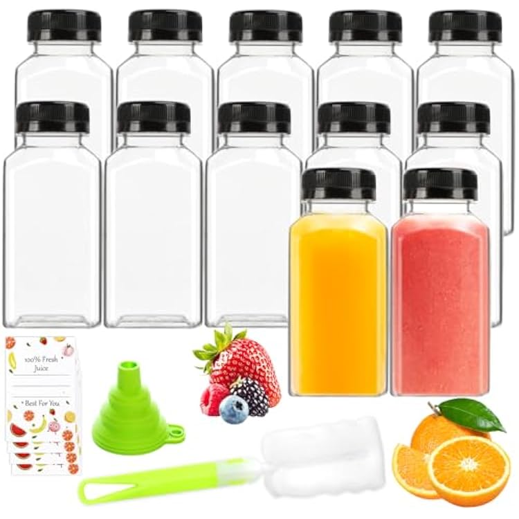 Juice Bottles - 8oz Bottles with Lids, 12 pcs Plastic Juice Containers with Caps Reusable Drink Containers for Juice Milk Coffee Water Smoothie and Other Beverages,Christmas gift