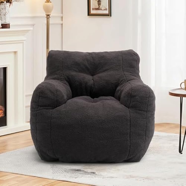 Hison Bean Bag Chairs for Adults and Kid Teddy Fabric Fluffy and Lazy Sofa Filled with Memory Sponge BeanBag Sofa with Armrests for Living Room,BedroomBlack