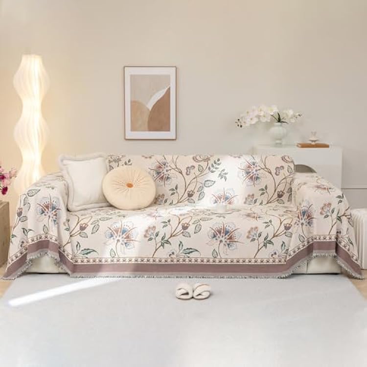 Floral White Jacquard Boho Couch Cover - Washable Decorative Chenille Sofa Slipcover for Kids and Pets, 1 Piece Non Slip Furniture Protector, Multi-Use Blankets XLarge, 71 x 134