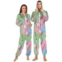 Adult Onesie Pajamas for Women Men Bubble Tea Cups Flowers Stars Costume Hooded Sleepwear Homewear