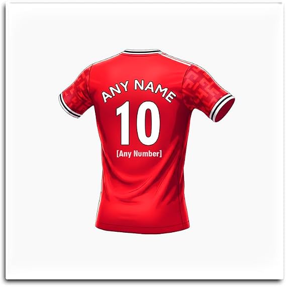 Personalised Gift - United Fan White Square Glass Coaster (Red Football Jersey Design) Custom Name - Manchester