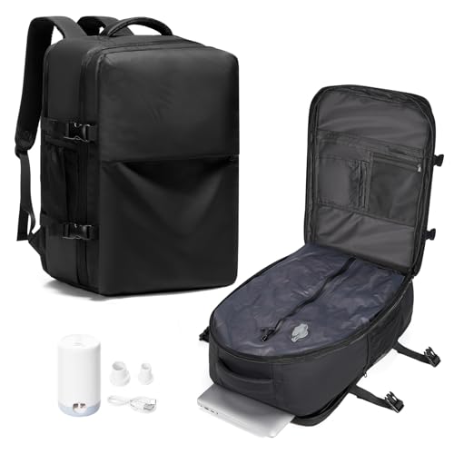 Vacuum Backpack Travel with Pump,Large Travel Backpack Vacuum System,mochila de viaje Compresion Waterproof Carry on Personal item Laptop Vacpack Backpacks Bag Men Women Airline Flight Approved Black