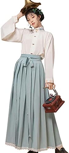 Womens Traditonal Hanfu Outfit Mandarin Collar Shirt Pleated Maxi Skirt Ming Dynasty Ancient Chinese Lady Cosplay Costume WhiteCyan, M