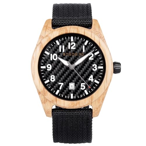 BOBO BIRD Wooden Casual & Business Watch with Nylon Strap, Carbon Fiber Dial Japanese Quartz Movement Wood Watch Lightweight Date Display Wristwatch Multiple Colors