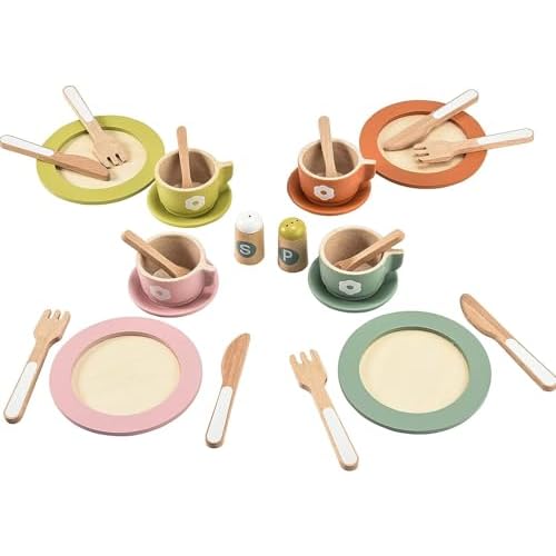 Giant bean 27PCS Wooden Toy Plates and Dishes for Kitchen Set, Wooden Play Kitchen Accessories for Girls and Boys, Montessori Toys, Christmas Birthday Gift for Kids