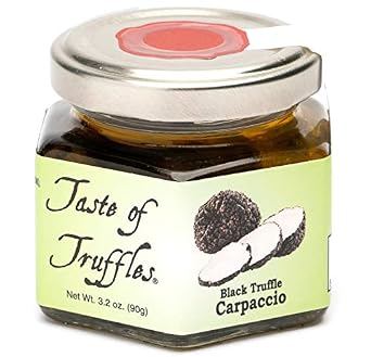 TASTE OF TRUFFLES Black Truffle Carpaccio Thinly Sliced European Black Autum Truffles in Truffle Oil Authentic Tuber Uncinatum Gourmet Finishing Garnish for Pasta & Steak 3.20 oz 90gr