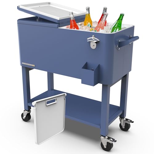 Permasteel Party Cooler with Divider, Removable Basin, Spacious 80-Qt Capacity, Chills 36hrs, Serving Tray, Rolling Ice Chest for Indoor & Outdoor