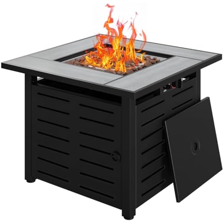 Aoxun 28 Propane Fire Pit Table Ceramic Top, 50000 BTU Outdoor Patio Heater with Lava Rocks, Rectangle Gas Fire Pits for Outside Patio with Removable Lid, Black