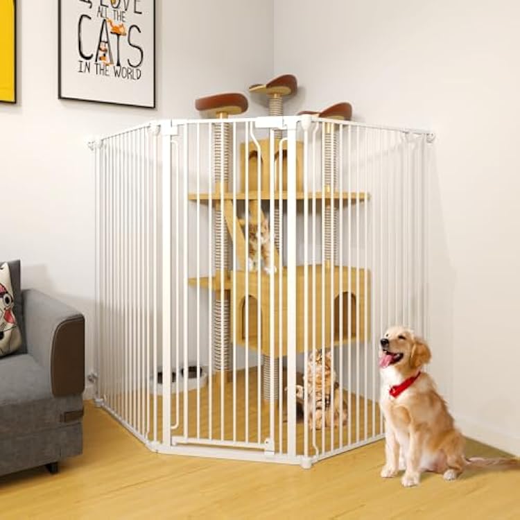 51 Extra Tall Cat Gate for Cats 57.4 to 81 Extra Wide Cat Gate for Doorway,Auto Close 3-Panel Durable Pet Gate Indoor Use, Metal Dog Gate for Kitchens, Doorways & Stairs White