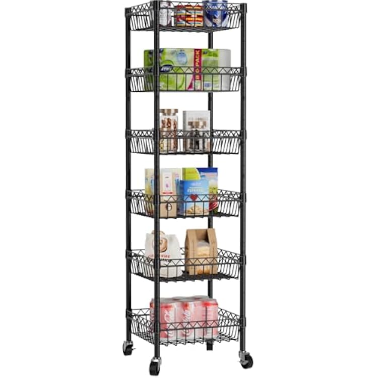 6 Shelves Storage Shelf Wire Closet Bathroom Organizers Metal Pantry Kitchen Garage Shelving Unit Laundry Room Organization Home Rack Net Basket Black with Wheels 14 Dx14 Wx64.8 H