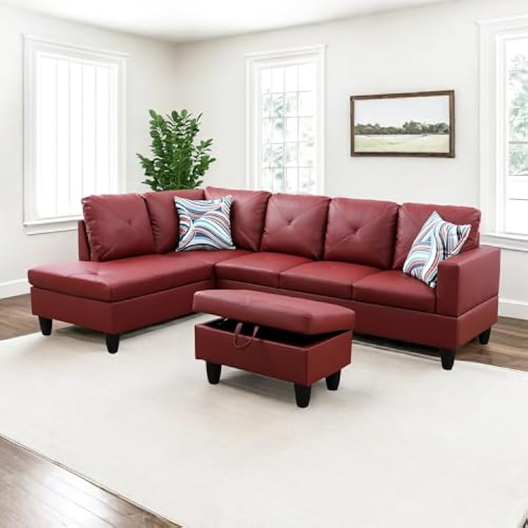 L Shaped Couch Sectional Couches for Living Room Modern Sofa Couch Faux Leather Futon Sofa Bed with Storage Ottoman, Chaise and Back Cushions for Reception Room and Apartment, Dark Red