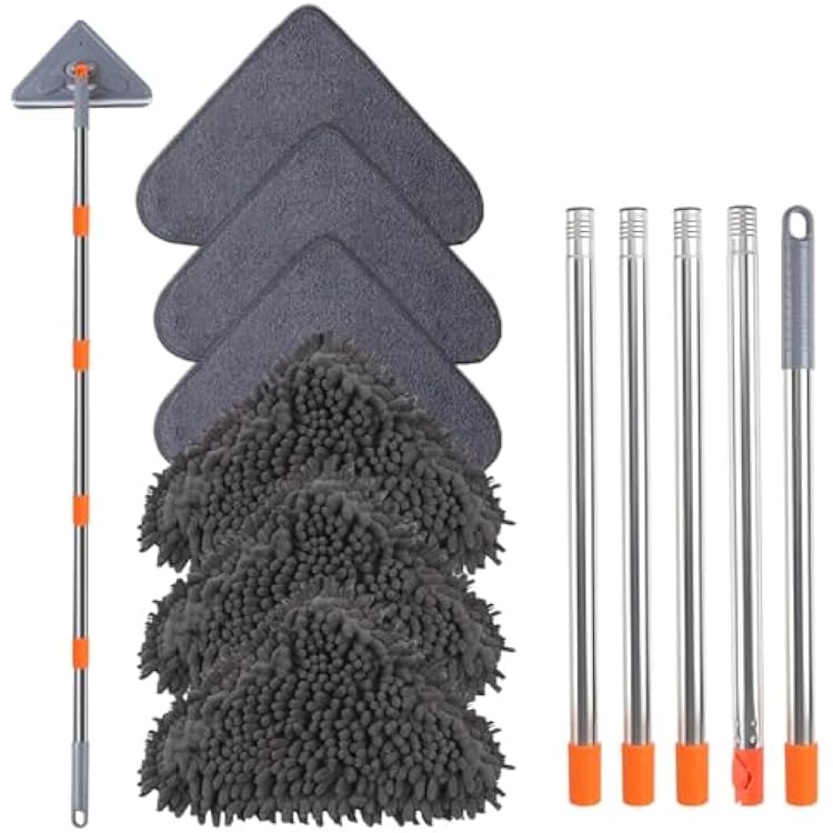 Wall Mop with 80 Inches Long Handle, Wall Cleaner Mop Tool for WindowWallsCeiling FansDustBaseboardFloors Clean, 360 Ceilings Cleaner Tool Duster with Squeegee 6 Replacement Pads
