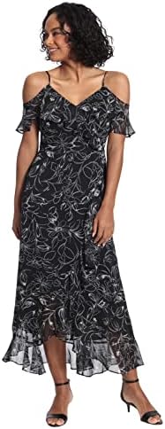 London Times Womens London Times Womens Dresses Floral Printed Cold Shoulder Faux Wrap Hi-Low Maxi Dress with Ruffle Details