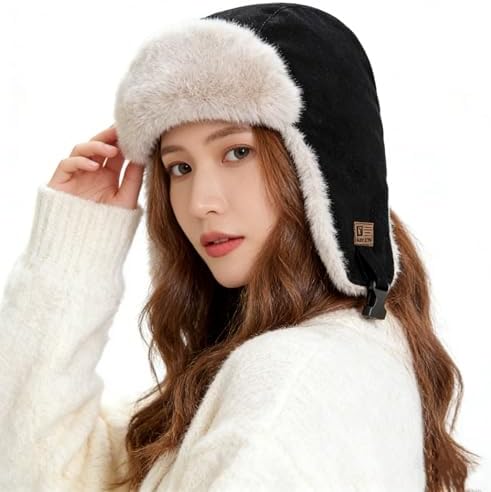 Women Winter Furry Trapper Hat with Earflaps Warm Faux Fur Windproof Russian Trooper Cap Fleece Lined Plush Hunting Ski