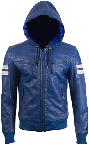 Aviatrix Mens Real Leather Slim Fit Fashion Jacket With Hood And Stripes 2VQ9
