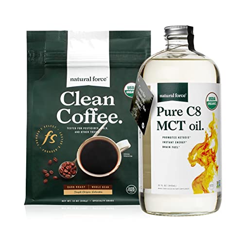 Natural Force Dark Roast Clean Coffee  Organic Pure C8 MCT Oil Bundle 100% C8 MCTs & Mold & Mycotoxin Free Coffee Non-GMO, Keto, Paleo, and Vegan - 12 Oz and 32 Oz