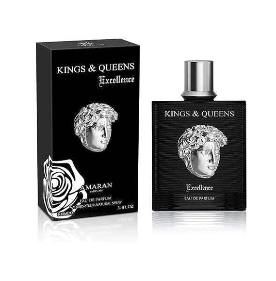 Kings & Queens Excellence Eau de Parfum, Black, Premium Glass Bottle with Silver Cap, Luxury Fragrance for men 3.4oz