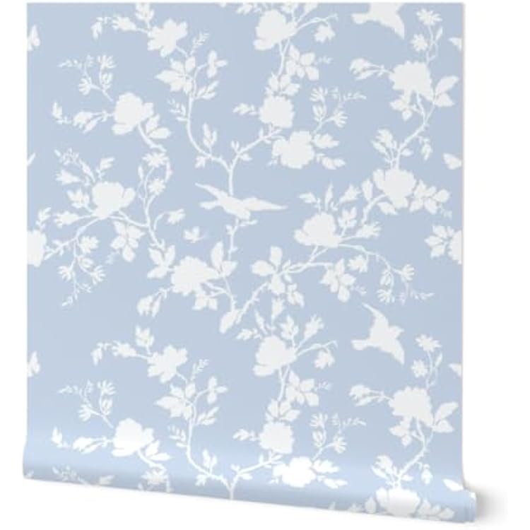 Removable Wallpaper Swatch - Chinoiserie Silhouette Blueberry Blue White Birds Roses Custom Pre-Pasted Wallpaper by Spoonflower
